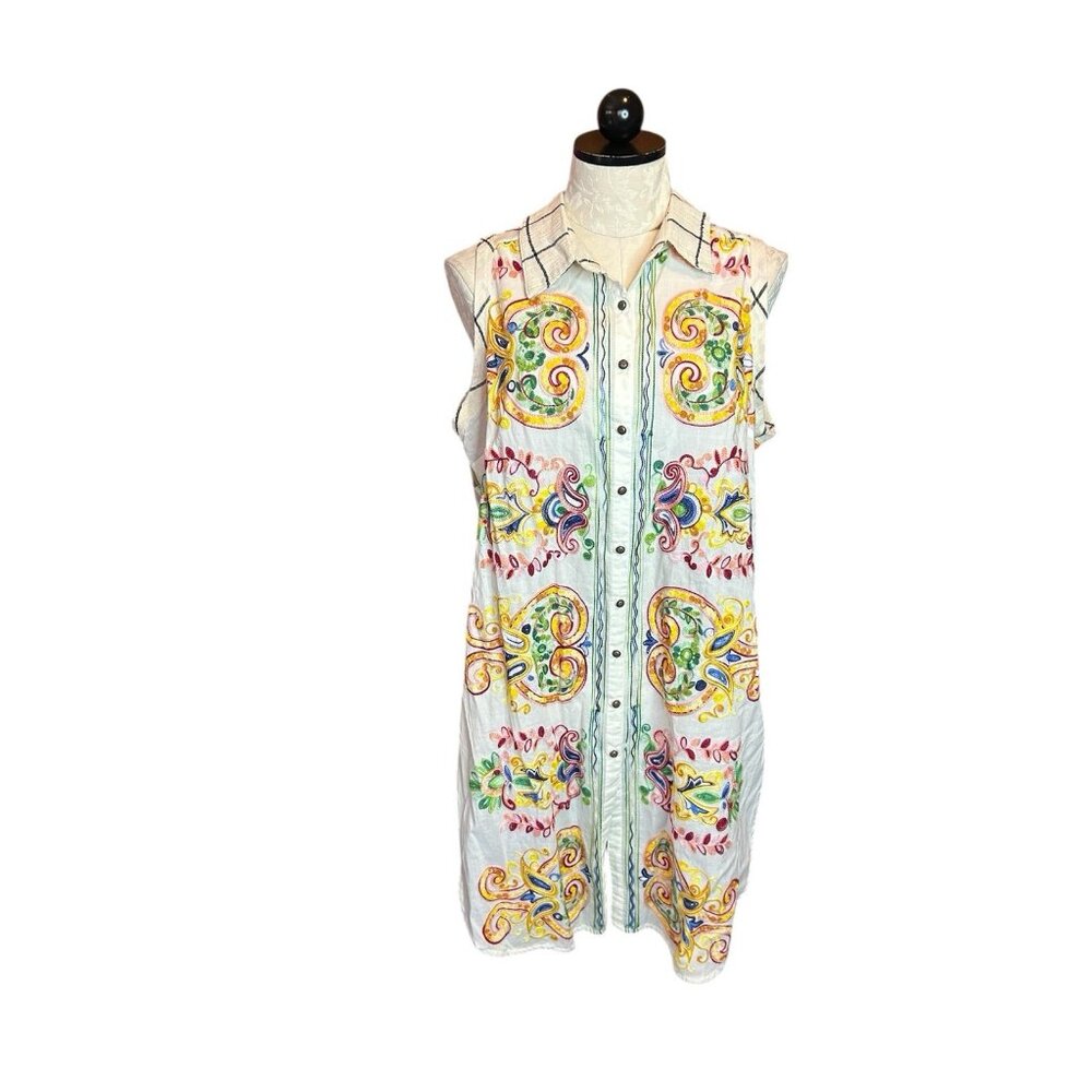 Cyrena Anthropologie‎ Boho Embroidered Rainbow Butto Dress Sleeveless L Floral